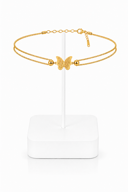 Gold Double Layer Butterfly Bead Box Chain Anklet