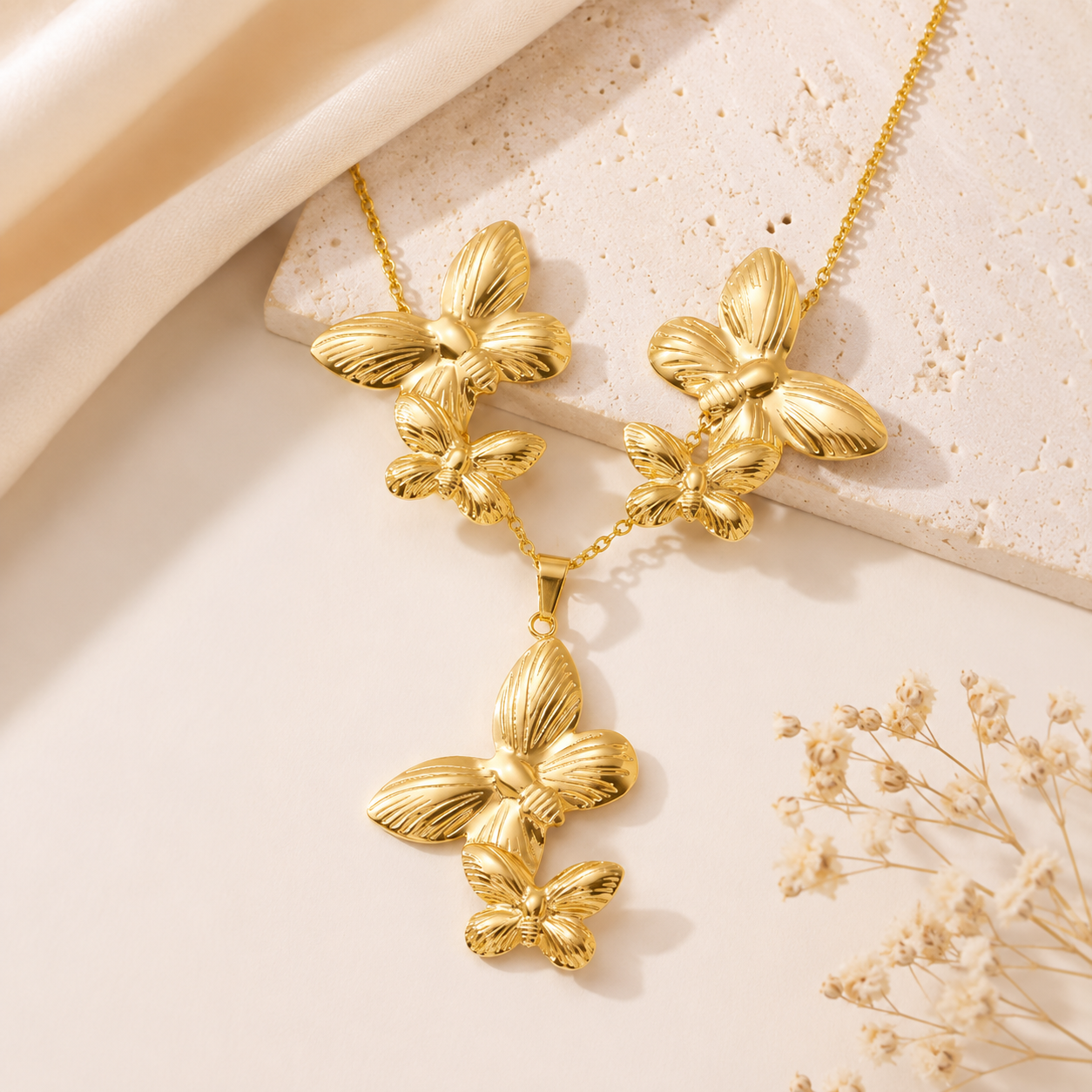 Gold Double Butterfly Necklace & Earring Set