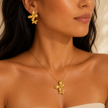 Gold Double Butterfly Necklace & Earring Set