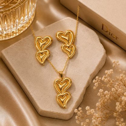 Gold Double Layered Heart Necklace & Earring Set
