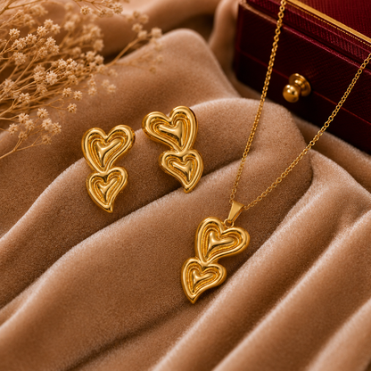 Gold Double Layered Heart Necklace & Earring Set