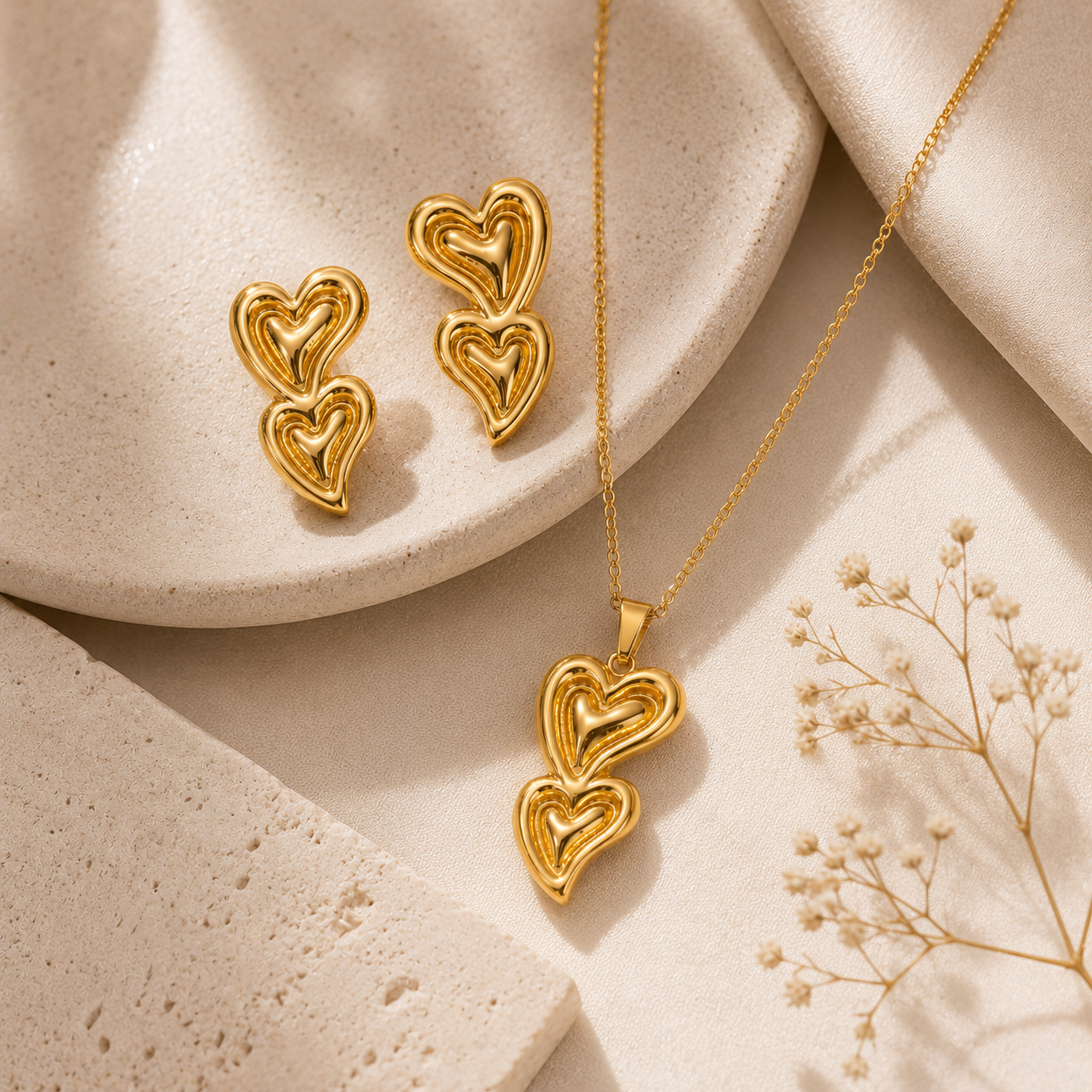 Gold Double Layered Heart Necklace & Earring Set