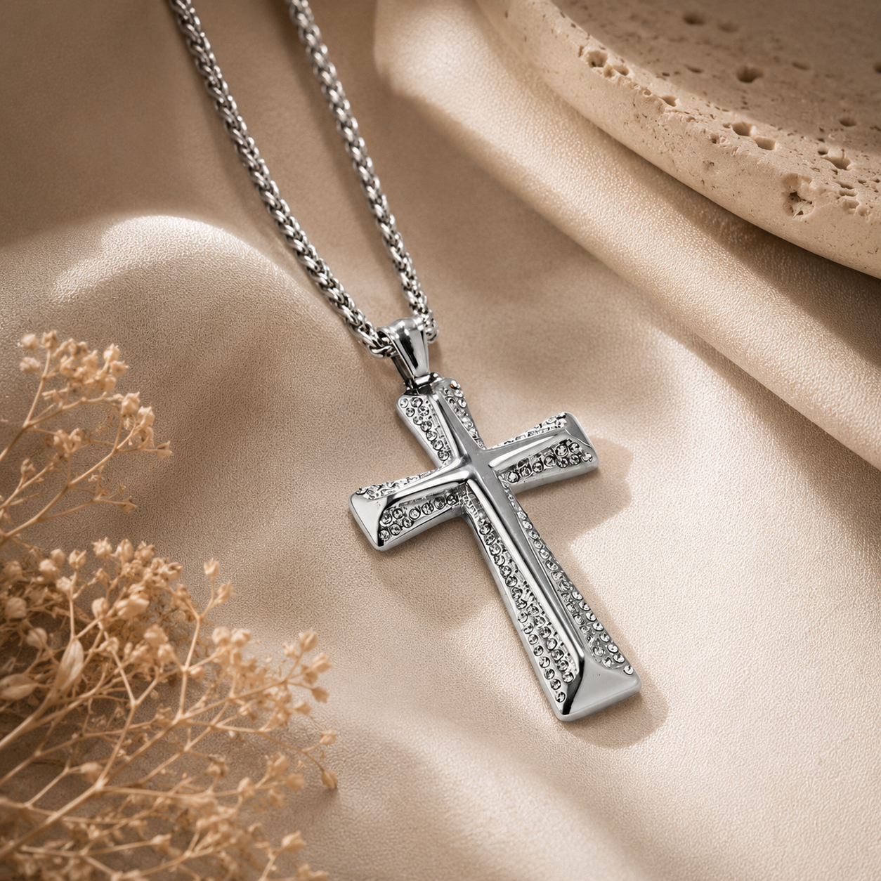 Cross Pendant Necklace – Stainless Steel Rope Chain for Men