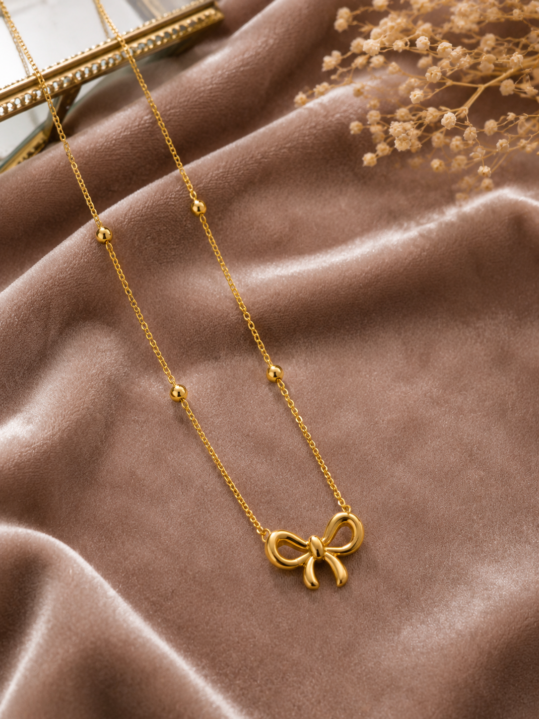 Gold Bow Pendant Necklace with Bead Chain