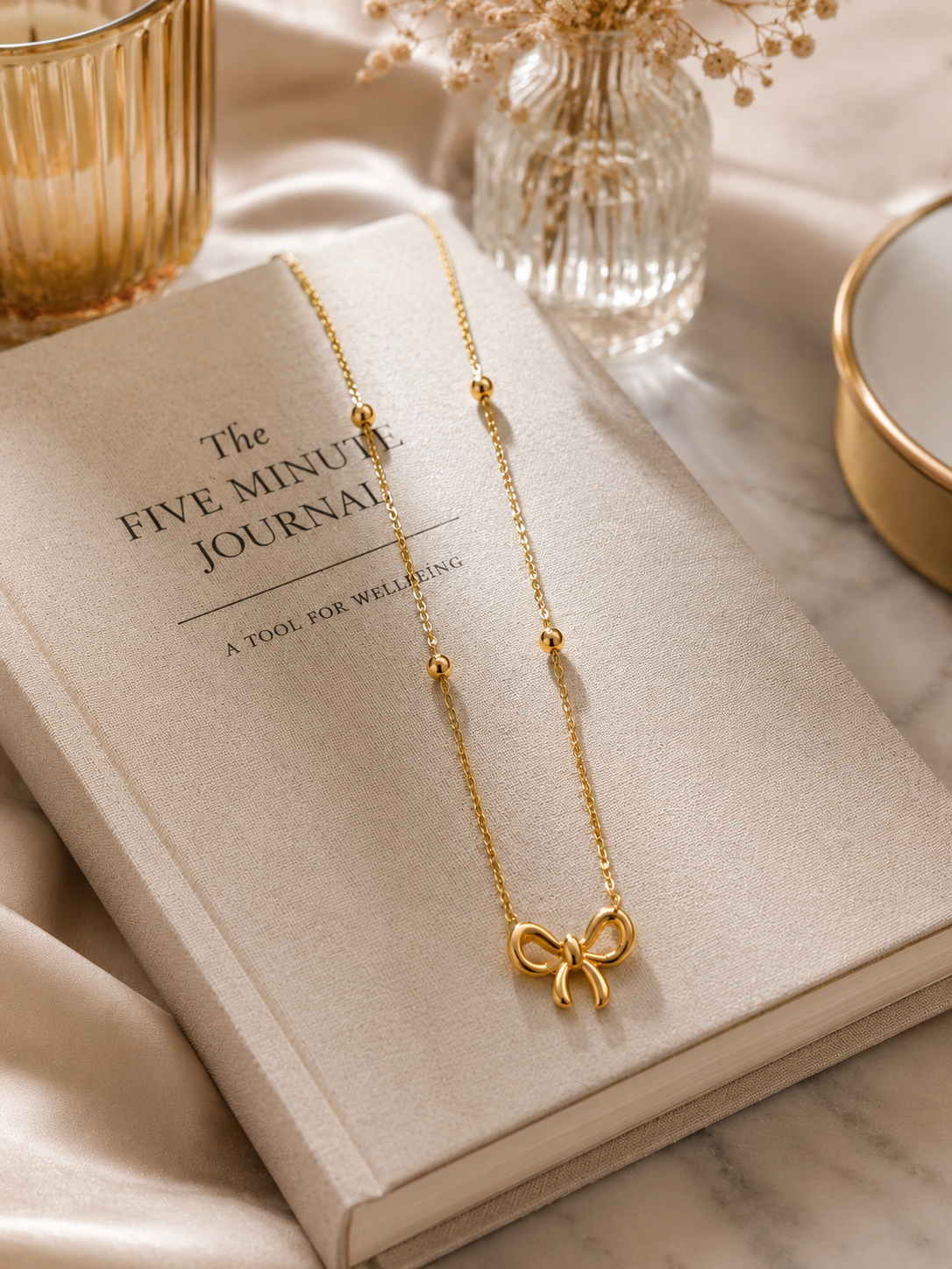 Gold Bow Pendant Necklace with Bead Chain