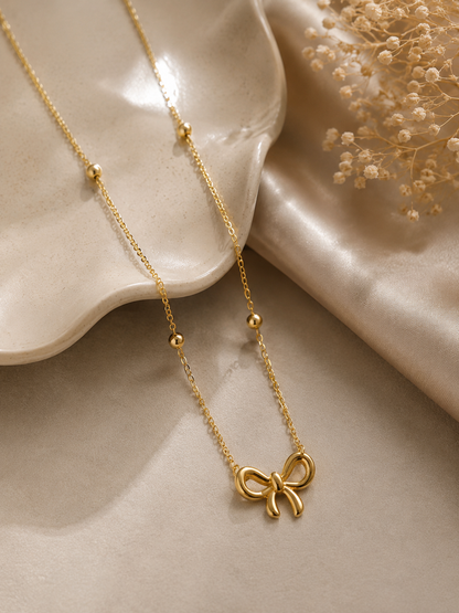 Gold Bow Pendant Necklace with Bead Chain