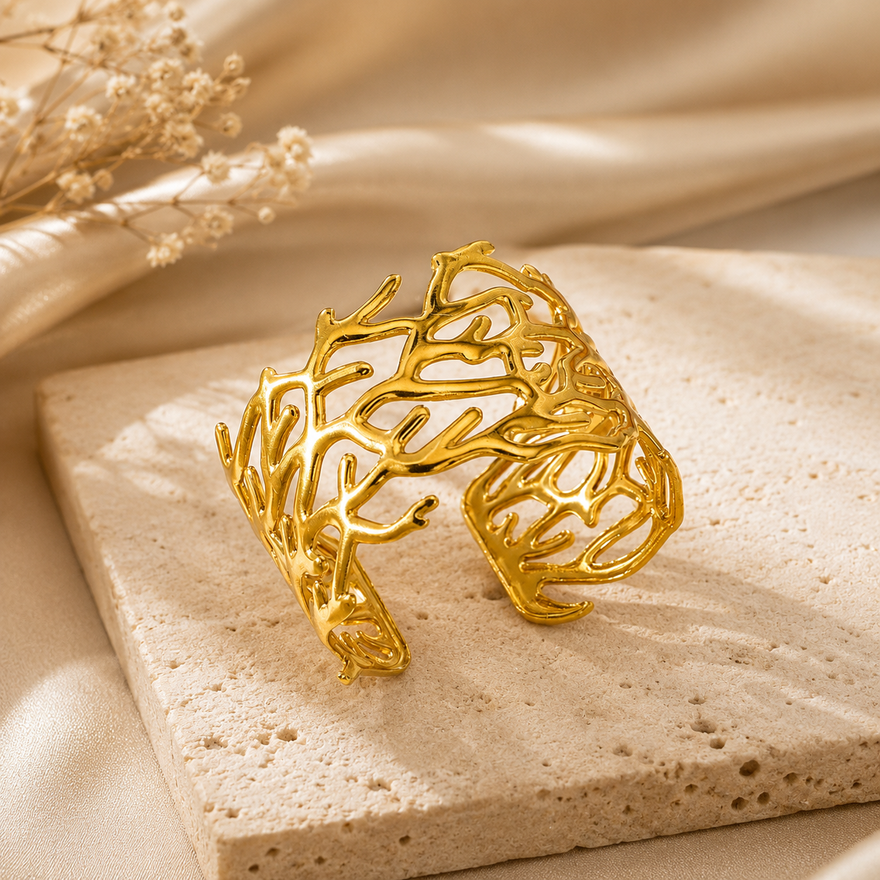 Gold Coral Branch Cutout Cuff Bangle