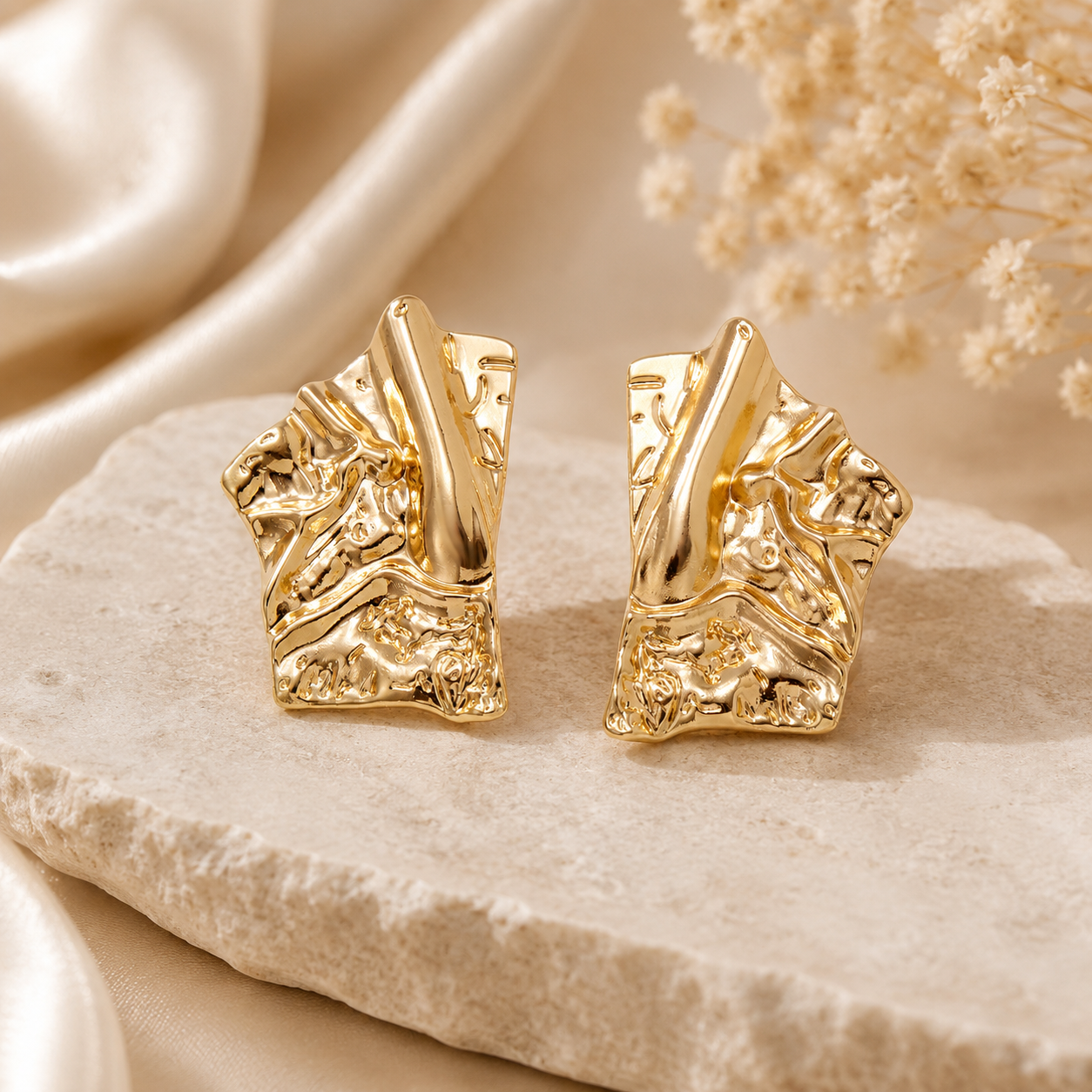 Gold Crumpled Rectangle Statement Earrings