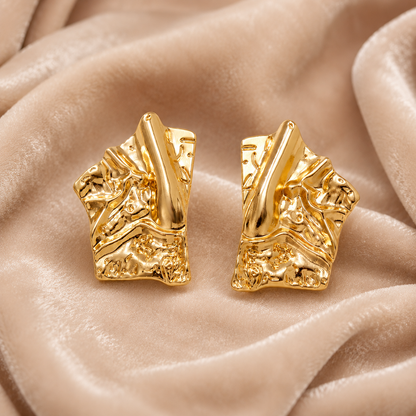 Gold Crumpled Rectangle Statement Earrings