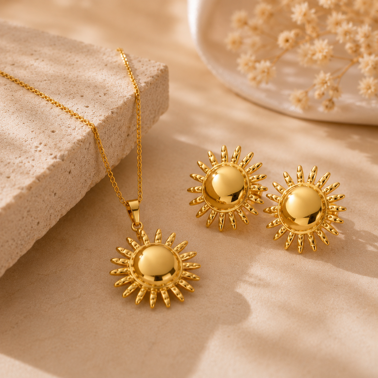 Gold Dome Sun Ray Necklace & Earring Set