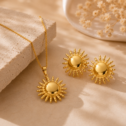 Gold Dome Sun Ray Necklace & Earring Set