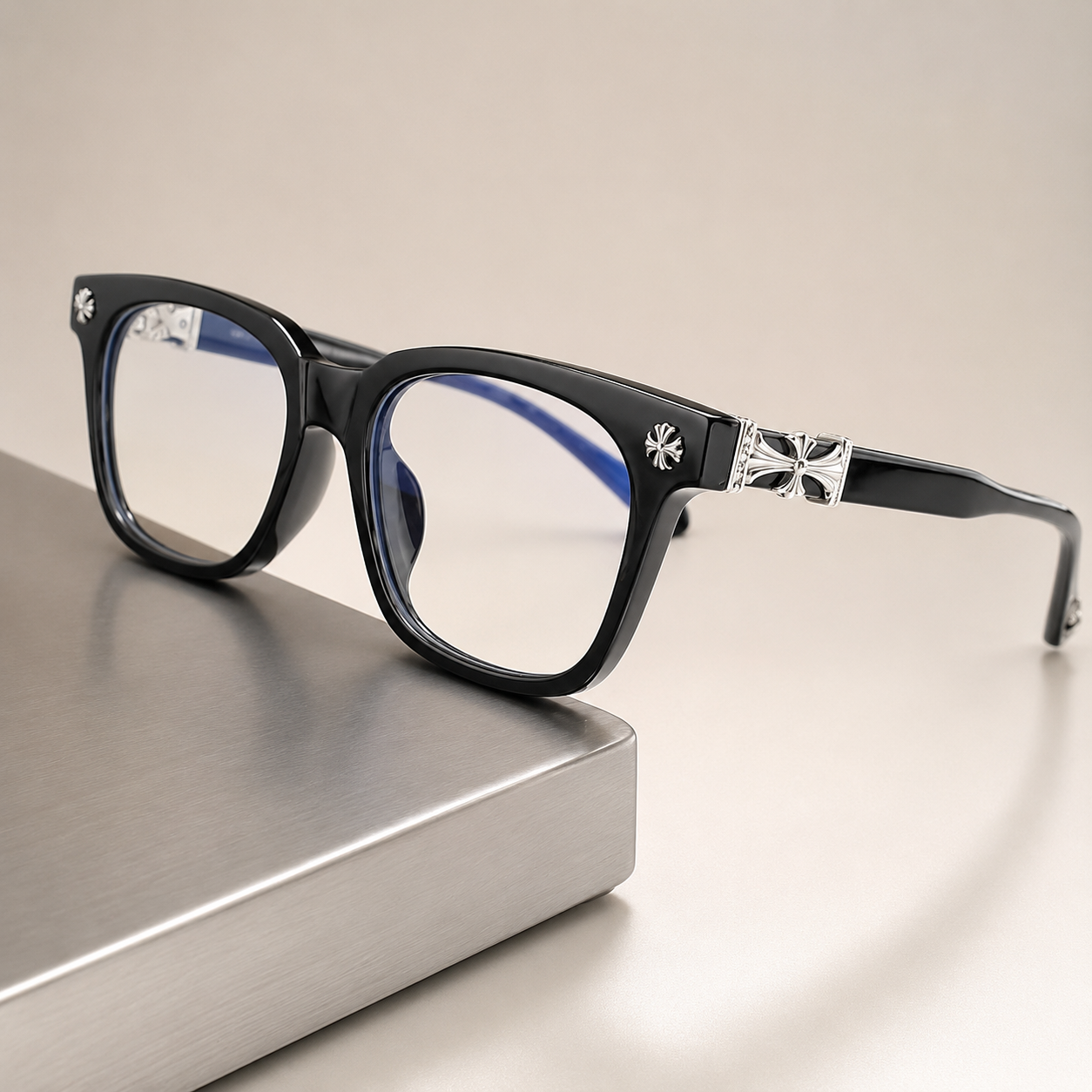 Black Square Blue Light Glasses – Silver Cross Detail Frames