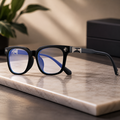 Black Square Blue Light Glasses – Silver Cross Detail Frames