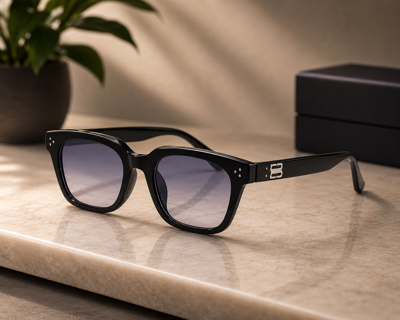 Black Square Sunglasses – Gradient Lens with Silver Logo Detail