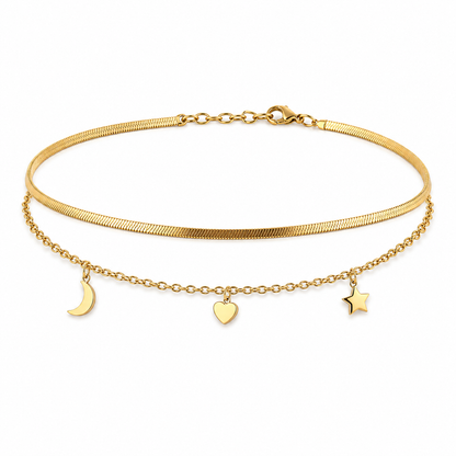 Gold Layered Herringbone & Moon Heart Star Charm Anklet Set