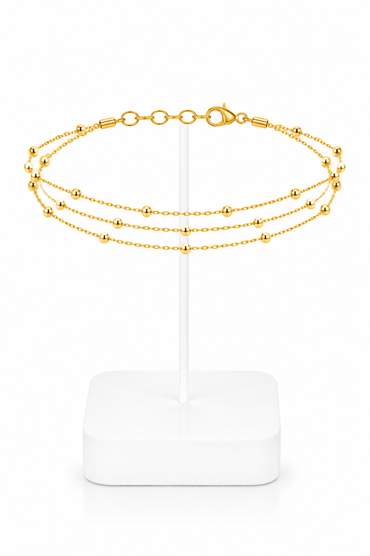 Gold Triple Layer Satellite Bead Chain Anklet Set