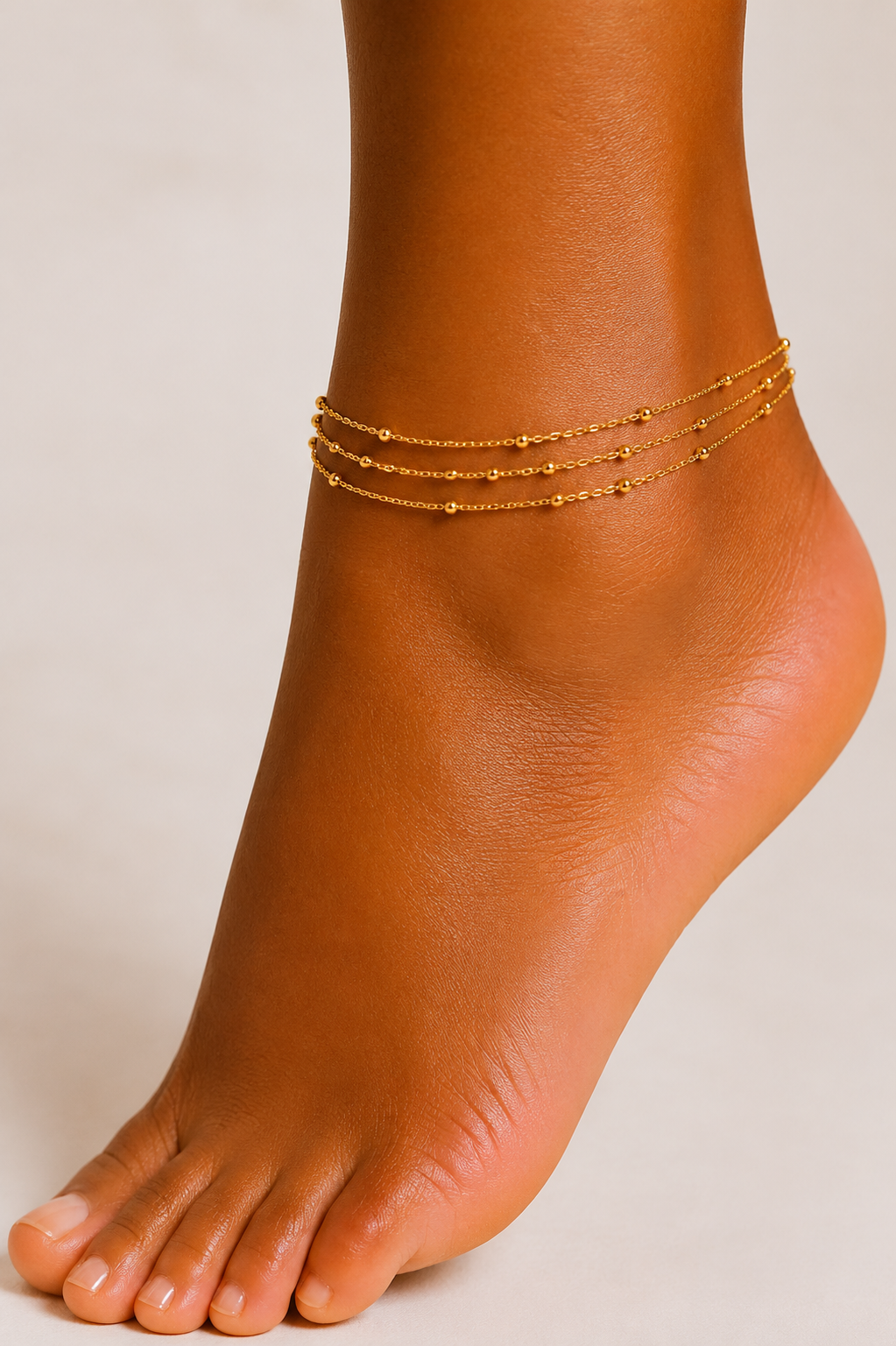 Gold Triple Layer Satellite Bead Chain Anklet Set