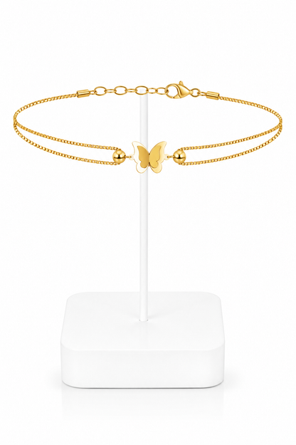 Gold Double Layer Butterfly Bead Box Chain Anklet