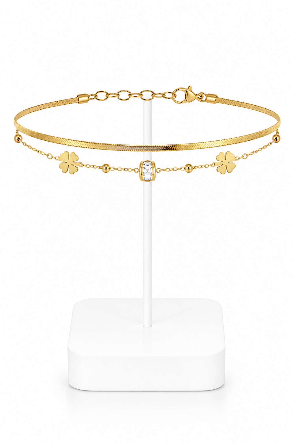 Gold Double Layer Herringbone & Clover Crystal Charm Anklet Set
