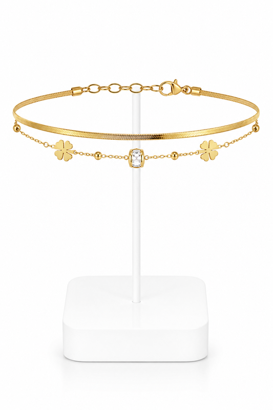 Gold Double Layer Herringbone & Clover Crystal Charm Anklet Set
