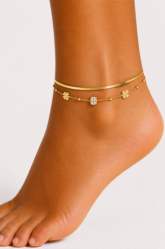 Gold Double Layer Herringbone & Clover Crystal Charm Anklet Set