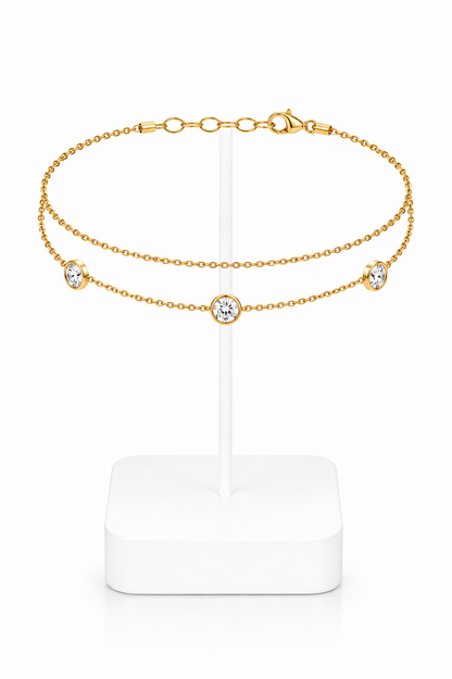 Gold Double Layer Crystal Bezel Chain Anklet