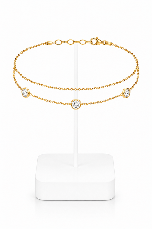 Gold Double Layer Crystal Bezel Chain Anklet
