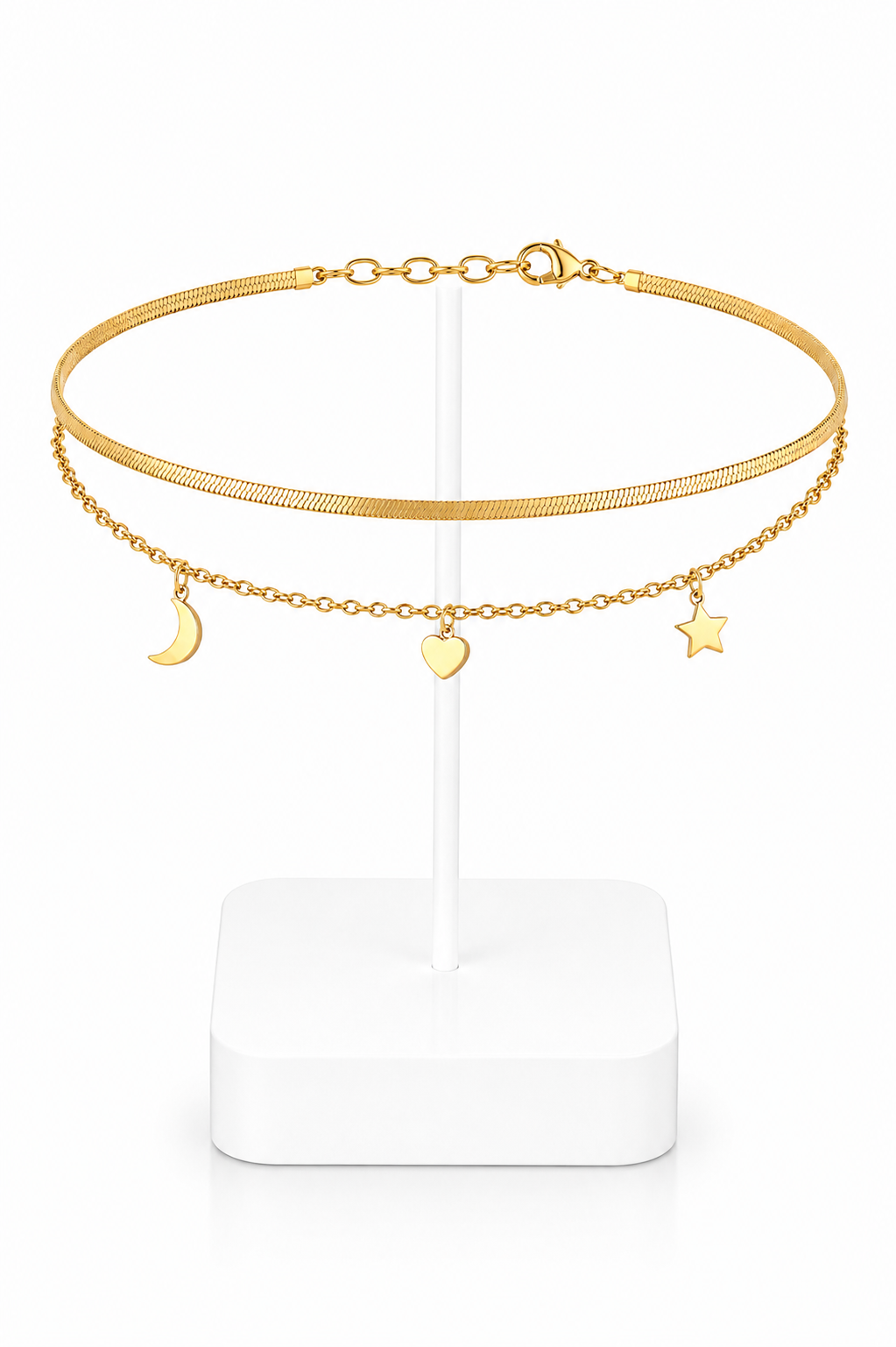 Gold Layered Herringbone & Moon Heart Star Charm Anklet Set