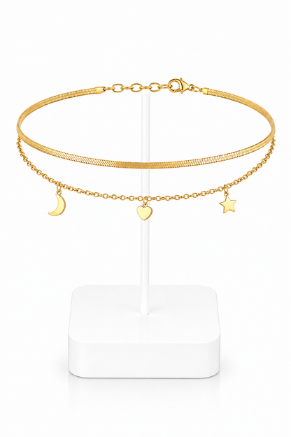 Gold Layered Herringbone & Moon Heart Star Charm Anklet Set