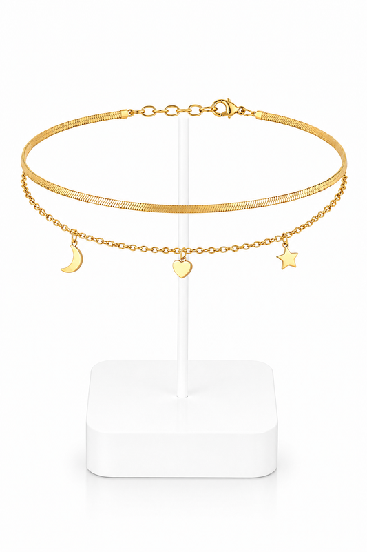Gold Layered Herringbone & Moon Heart Star Charm Anklet Set