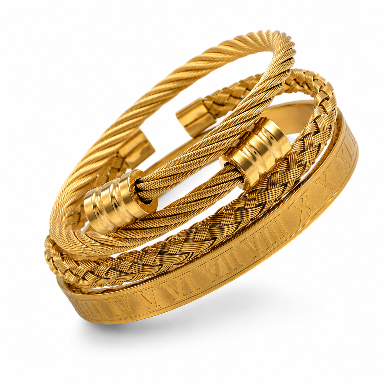 Gold Roman Numeral Bracelet Set – 3-Piece Luxury Bangle Collection