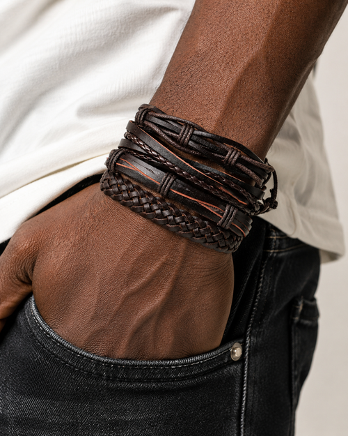 Brown Braided Leather Bracelet Set – 5-Piece Multi-Layer Wristband Stack for Men