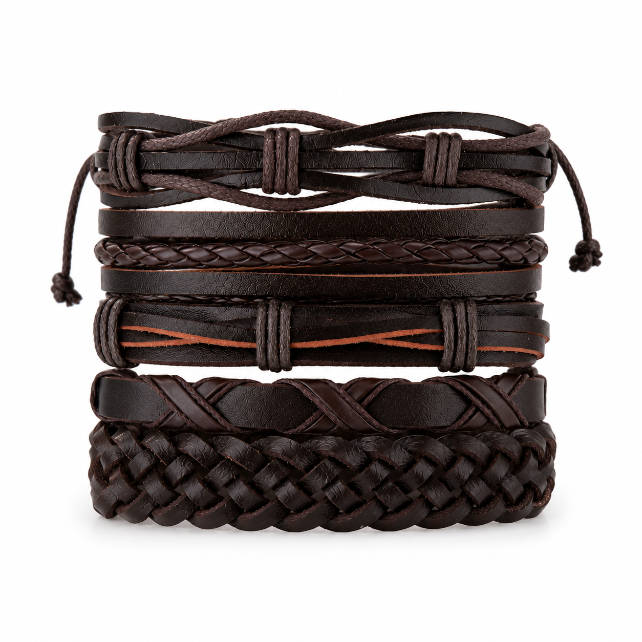 Brown Braided Leather Bracelet Set – 5-Piece Multi-Layer Wristband Stack for Men
