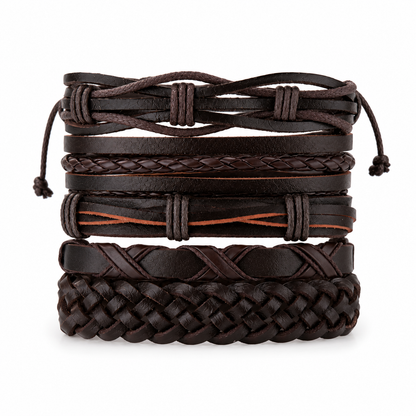 Brown Braided Leather Bracelet Set – 5-Piece Multi-Layer Wristband Stack for Men