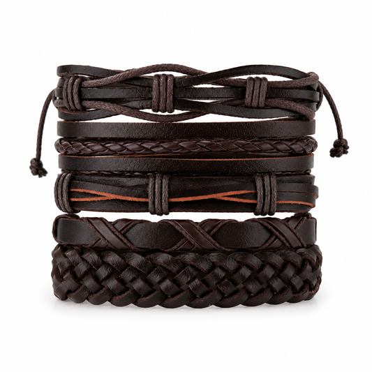 Brown Braided Leather Bracelet Set – 5-Piece Multi-Layer Wristband Stack for Men