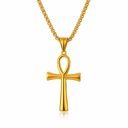 Egyptian Ankh Cross Necklace – Silver, Gold & Black with Box Chain