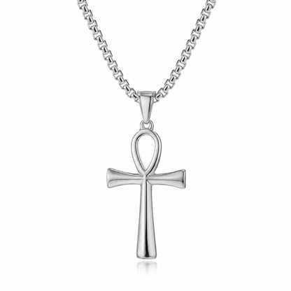 Egyptian Ankh Cross Necklace – Silver, Gold & Black with Box Chain
