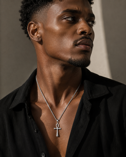 Egyptian Ankh Cross Necklace – Silver, Gold & Black with Box Chain