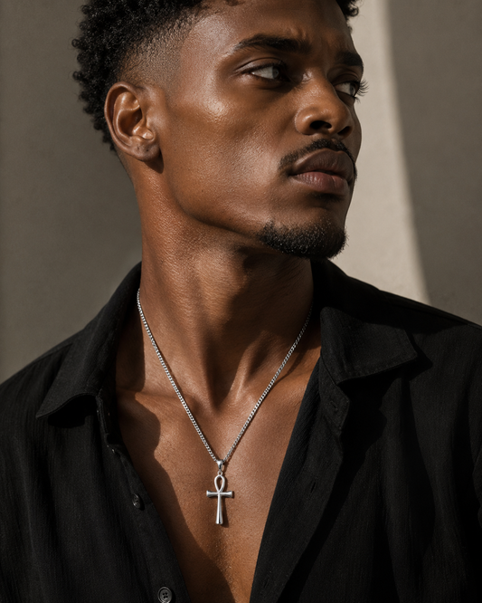 Egyptian Ankh Cross Necklace – Silver, Gold & Black with Box Chain