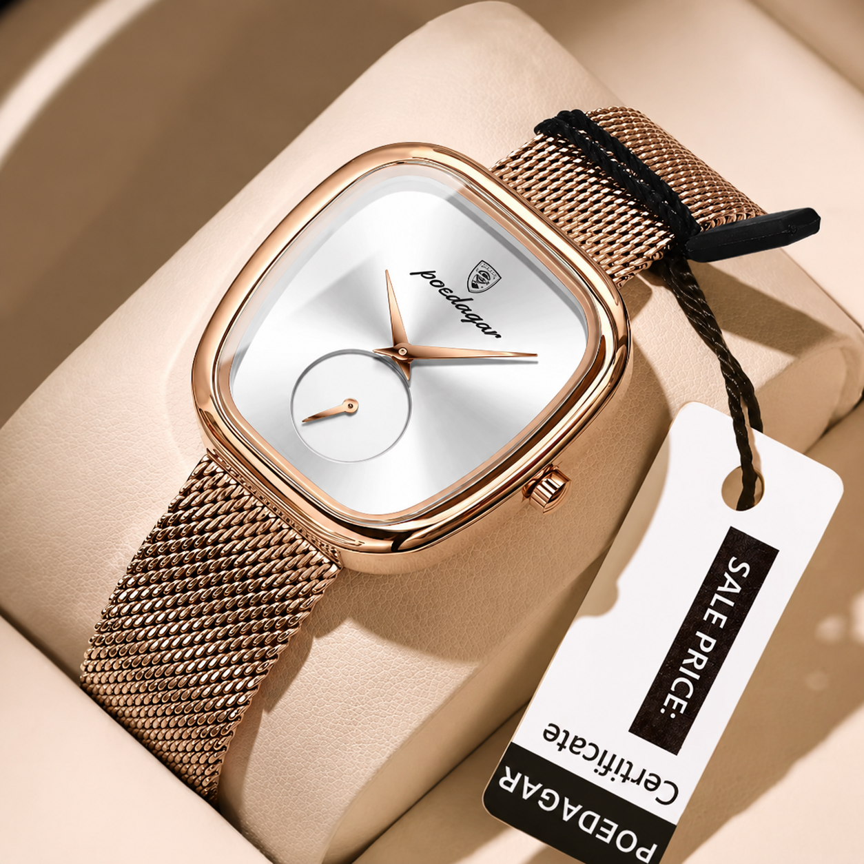 Poedagar Rose Gold Cushion Mesh Watch – Women's Luxury Minimalist Timepiece