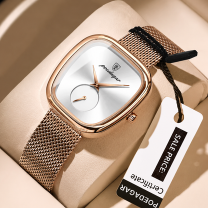 Poedagar Rose Gold Cushion Mesh Watch – Women's Luxury Minimalist Timepiece