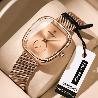 Poedagar Rose Gold Cushion Mesh Watch – Women's Luxury Minimalist Timepiece