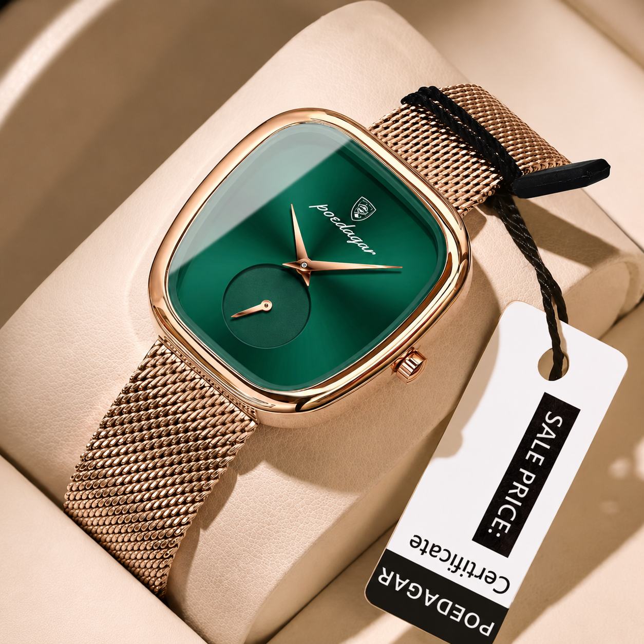 Poedagar Rose Gold Cushion Mesh Watch – Women's Luxury Minimalist Timepiece