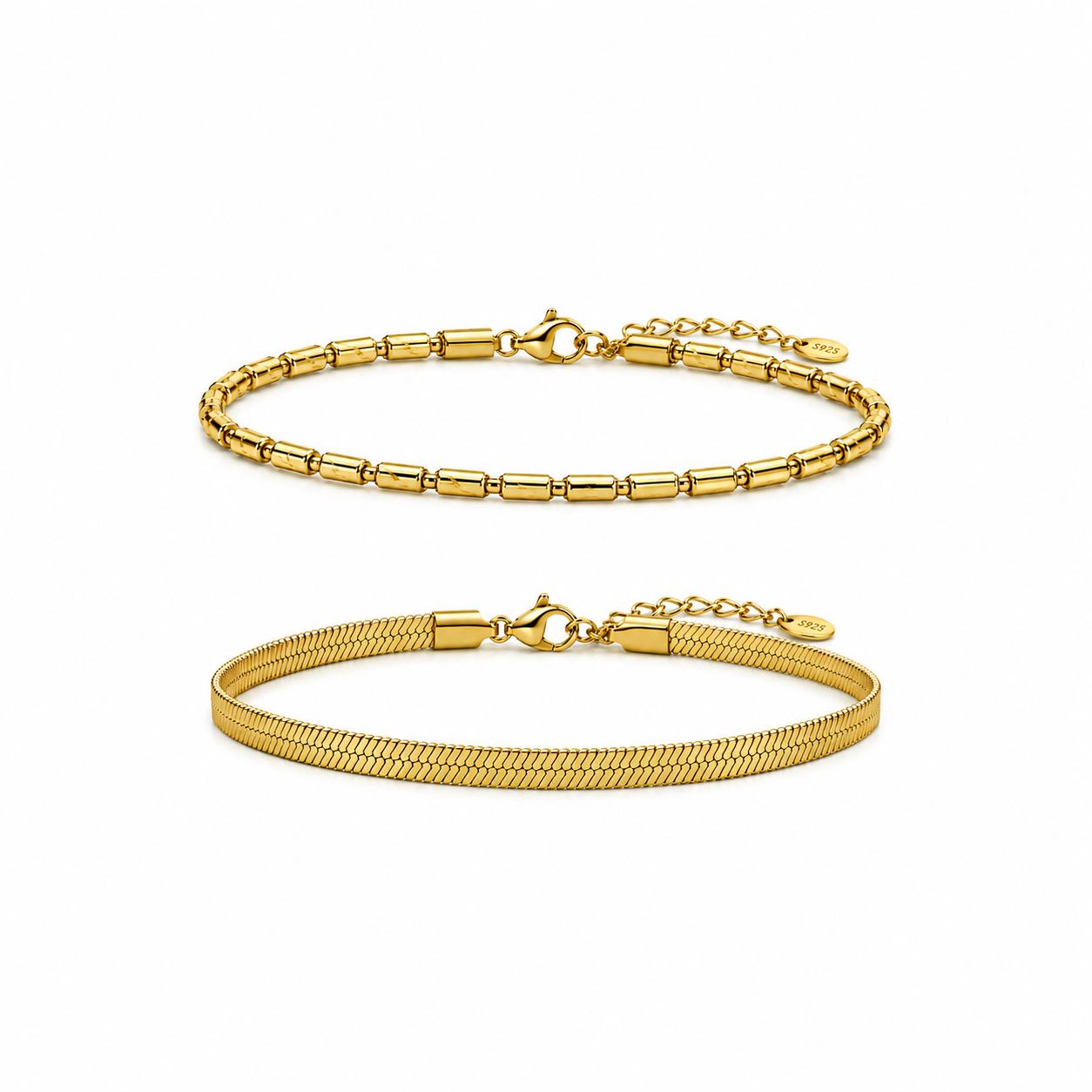 Gold Layered Herringbone & Satellite Bracelet Set