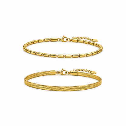 Gold Layered Herringbone & Satellite Bracelet Set