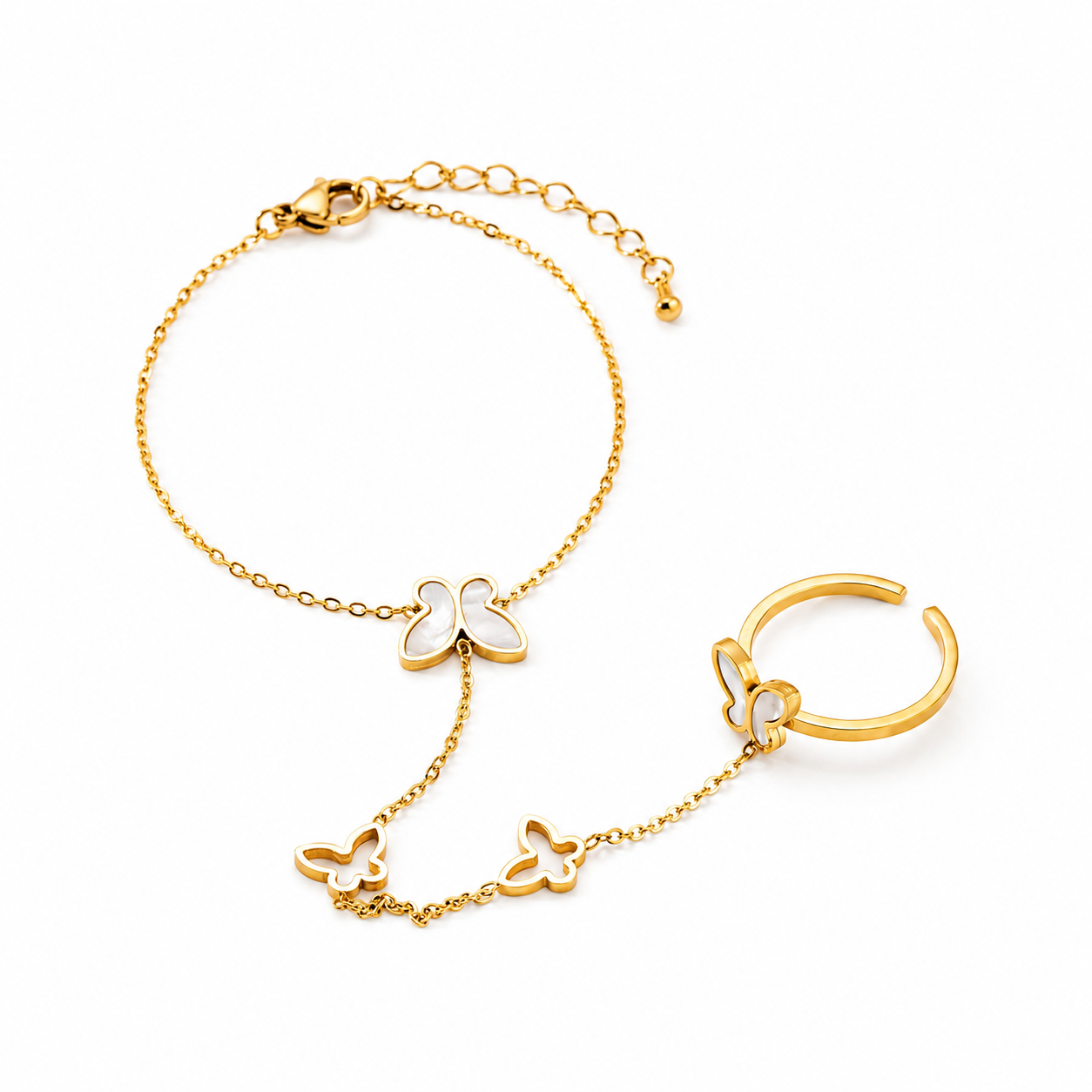 Gold Butterfly Hand Chain Bracelet & Ring Set - 20cm