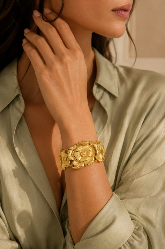 Gold Sculptural Floral Cuff Bangle