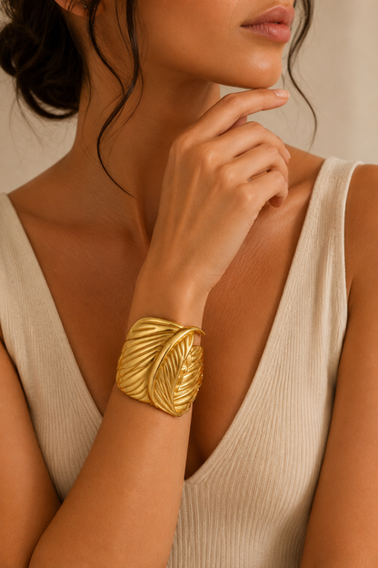 Gold Sculptural Leaf Wrap Cuff Bangle