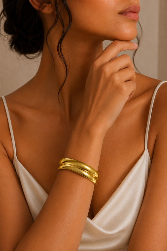 Gold Triple Dome Wave Cuff Bangle