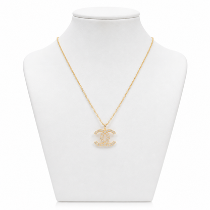 Gold Crystal CC Logo Pendant Necklace